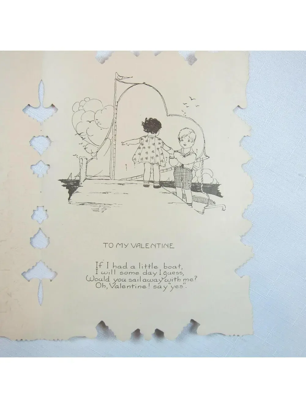 Vintage Valentine XL Girl Boy Hammock Dog Ship Diecut Paper Lace UNSIGNED 1920s